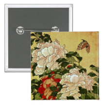 牡丹に蝶 Pfingstrosen-Schmetterling 葛飾北斎 Katsushika Ho Anstecknadelbutton