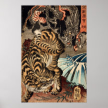 龍虎, 国芳 Tiger u. Drache, Kuniyoshi, Ukiyo-e Posterdruck