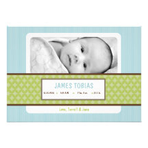 12x18 Baby-Jungen-blaues Grün-Foto-Geburts-Mitteil Individuelle Einladung