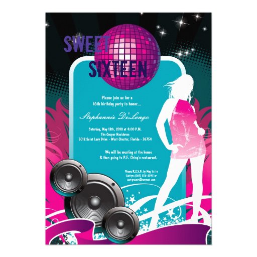 12x18 lila 16. Geburtstags-Einladung Tanz-Party DJ
