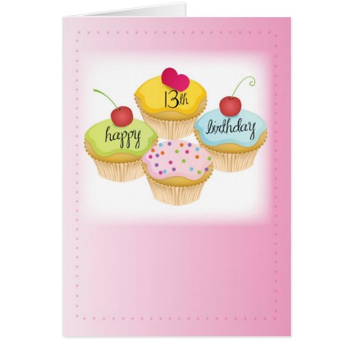 13. Geburtstag für Mädchen, kleine Kuchen auf Rosa Grußkarte Zazzle