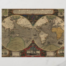 1595 Vintage Weltkarte durch Jodocus Hondius Flyers