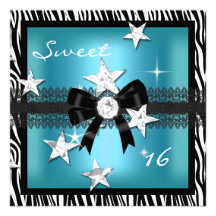 16. Geburtstag 16 Zebra-aquamarines blaues Schwarz Einladungskarte