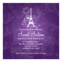 16. Geburtstag-Party romantisches Paris lila Ankündigungskarten