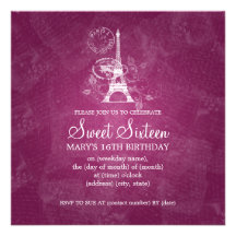 16. Geburtstag-Party-romantisches Paris-Rosa Ankündigungskarte