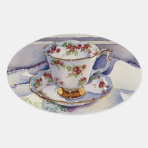 1799 Teacup on Linen Oval Sticker