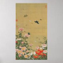 1. 芍薬群蝶図, 若冲 Blume und Schmetterling, Jakuchu Plakatdrucke