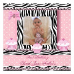 1. Geburtstags-Mädchen-Rosa-kleine Kuchenzebra-Bab Einladung
