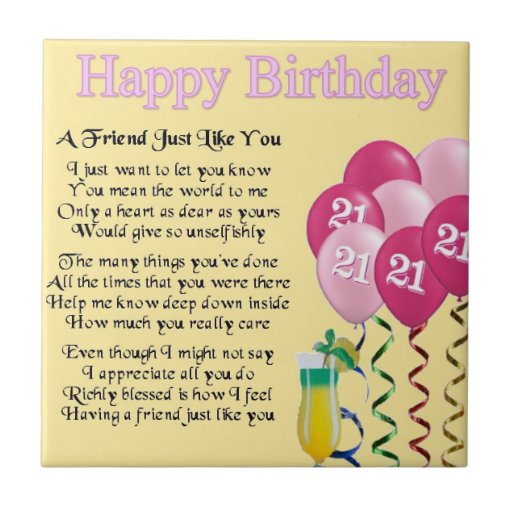 21. Geburtstag FreundGedichtFliese Kleine Quadratische Fliese Zazzle