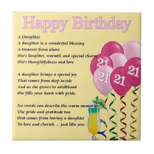 21. Geburtstag - Tochter-Gedicht-Fliese | Zazzle