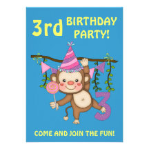 3rd Birthday Party-Cute Monkey+Colorful Balloons Personalized Announcements