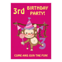 3rd Birthday Party-Cute Monkey+Colorful Balloons Personalized Invites