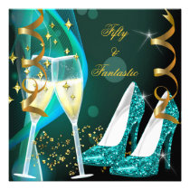 50 & Fantastic Fabulous Gold Teal Glitter Shoes einladungen
