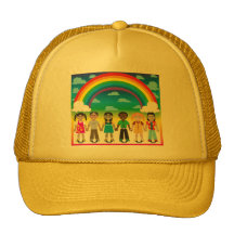 6 glückliche Kinder unter einem Regenbogen mit ein Trucker Mützen