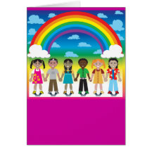6 glückliche Kinder unter einem Regenbogen mit ein Grußkarten