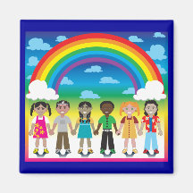 6 glückliche Kinder unter einem Regenbogen mit ein Kühlschrankmagnet