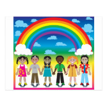 6 glückliche Kinder unter einem Regenbogen mit ein Postkarten
