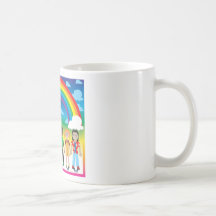 6 glückliche Kinder unter einem Regenbogen mit ein Tasse