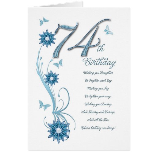 74. Geburtstag in aquamarinem mit Blumen und Grußkarte Zazzle