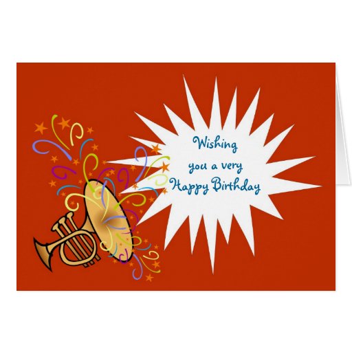 Alles Gute zum Geburtstag mit Trompete und Ausläuf Karten Zazzle