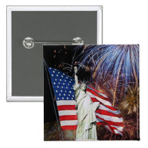 Amerikanische Flagge, Feuerwerke und Freiheitsstat Button