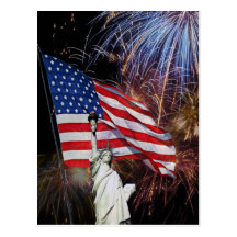 Amerikanische Flagge, Feuerwerke und Freiheitsstat Postkarte