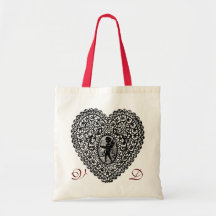 AMOR-SPITZE-HERZ-ROSAROTES SCHWARZWEISS-MONOGRAMM EINKAUFSTASCHE