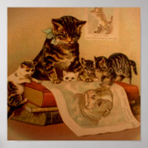 Antike Kätzchen-u. Buch-Miezekatze-Schule Posterdruck