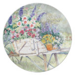 Antike Vintage Schubkarre mit Blumen im Garten Flache Teller
