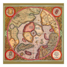 Antike Welts-Karte, Arktis Nordpol, 1595 Einladungen