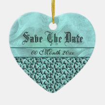 Aquagrau "Save the Date" Hochzeitsdamast Weihnachtsbaum Ornament