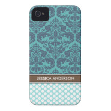Aquamarine Polka-Punkt-Damast-Muster iPhone 4 Case