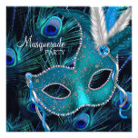 Aquamarines blaues Pfau-Masken-Maskerade-Party Personalisierte Ankündigungen