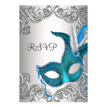 Aquamarines blaues silbernes Masken-Maskerade-Part Personalisierte Ankündigungskarten