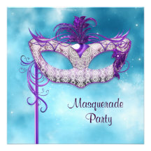 Aquamarines blaues und lila Maskerade-Party Personalisierte Ankündigungskarte