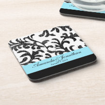Aquamarines und schwarzes Blumendamast-Muster Untersetzer