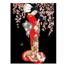Asiatische Frau mit Kirschblüten-Nacht Postkarten