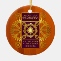 Atlantean Steamworks-Gold & Purple on Amber Wood Christmas Tree Ornaments
