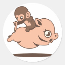 Baby-Affe (rückwärts gehend auf ein Schwein) Runder Sticker