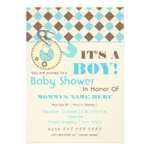 Baby-Dusche laden - Windelpin-Blau u. Brown-Raute  Individuelle Einladung