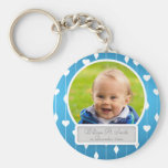 Baby-Foto mit den Namensherzen u. Diamanten blau Schlüsselanhänger