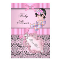 Baby Shower Girl Damask Pink Gray Custom Invite