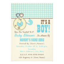 Babyparty laden - blauer WindelPin u. Gingham ein Einladungskarte