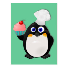 Bäcker-Pinguin mit kleinem Kuchen II Postkarte