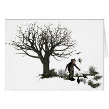 Ballon-Clown-alter Baum u. schwarze Vögel ursprüng Grußkarte