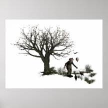 Ballon-Clown-alter Baum u. schwarze Vögel ursprüng Plakatdrucke