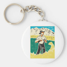 Bauer mit dem stehenden Feld der Sense retro Schlüsselbänder