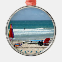 beach chairs surfboards umbrellas sand ocean christmas ornaments