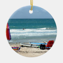 beach chairs surfboards umbrellas sand ocean sm ornaments