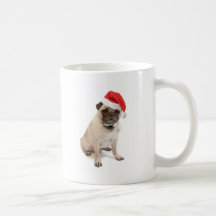 Beige Mops mit roter Weihnachtsmannmütze an Tee Haferl